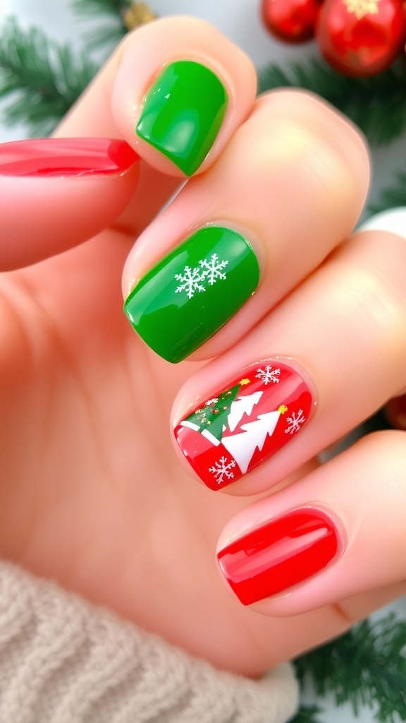 Festive Short Green and Red Christmas Nail Art Short nails with green and red Christmas nail art, featuring snowflakes and Christmas trees.